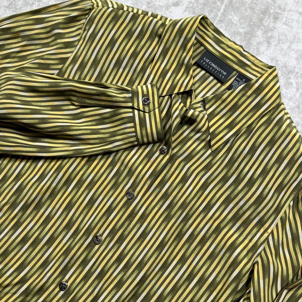 Liz Claiborne Button Up Blouse Womens 4 Green Striped Silk Shoulder Pads